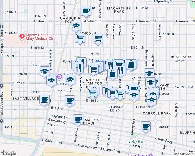 map of restaurants, bars, coffee shops, grocery stores, and more near in Long Beach