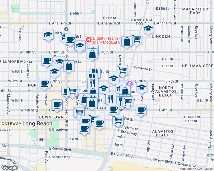 map of restaurants, bars, coffee shops, grocery stores, and more near 707 East 7th Street in Long Beach