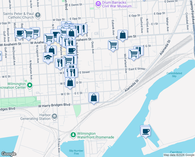 map of restaurants, bars, coffee shops, grocery stores, and more near 508 East E Street in Los Angeles