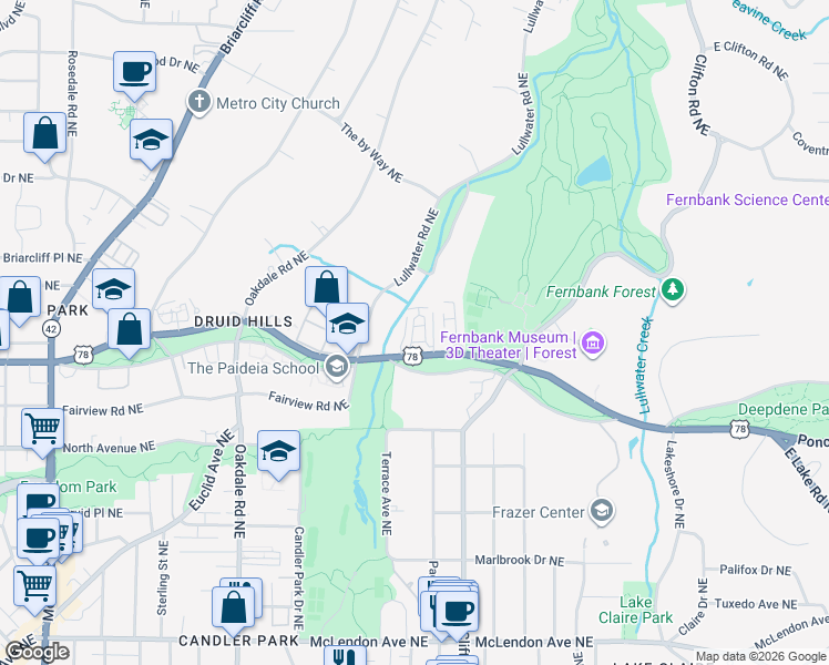 map of restaurants, bars, coffee shops, grocery stores, and more near 5 Lullwater Estate Northeast in Atlanta