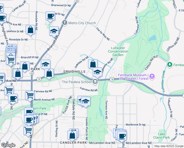 map of restaurants, bars, coffee shops, grocery stores, and more near 46 Lullwater Place Northeast in Atlanta
