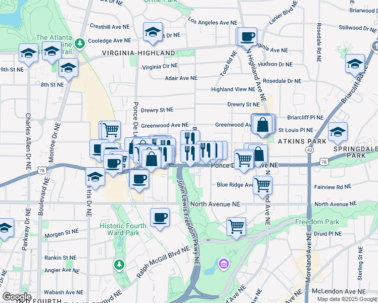 map of restaurants, bars, coffee shops, grocery stores, and more near 886 Saint Charles Avenue Northeast in Atlanta