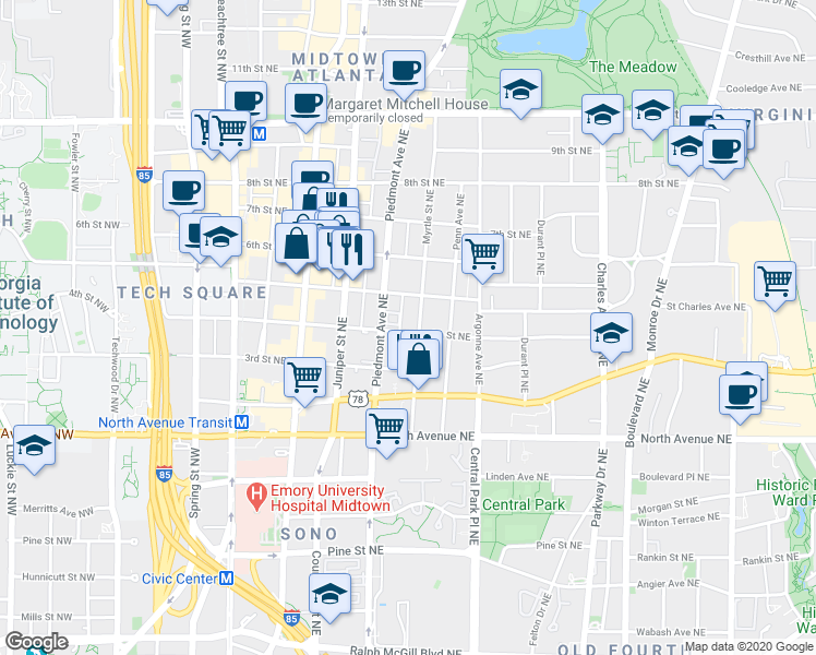 map of restaurants, bars, coffee shops, grocery stores, and more near 761 Piedmont Avenue Northeast in Atlanta