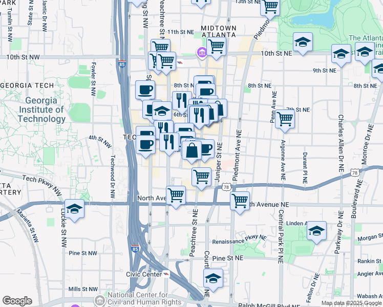 map of restaurants, bars, coffee shops, grocery stores, and more near 764 West Peachtree Street Northwest in Atlanta