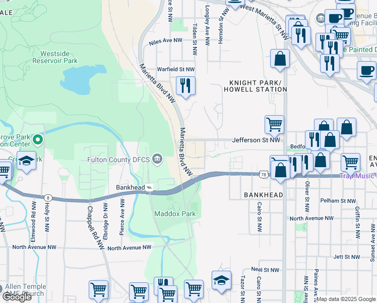 map of restaurants, bars, coffee shops, grocery stores, and more near 733 Rice Street Northwest in Atlanta