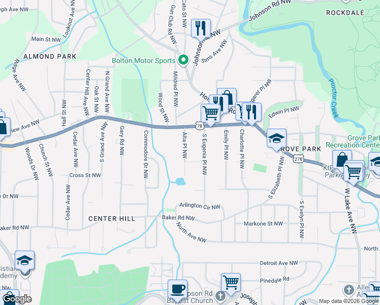 map of restaurants, bars, coffee shops, grocery stores, and more near 750 Alta Place Northwest in Atlanta