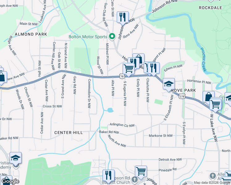 map of restaurants, bars, coffee shops, grocery stores, and more near 750 Alta Place Northwest in Atlanta