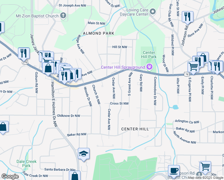 map of restaurants, bars, coffee shops, grocery stores, and more near 726 Cedar Avenue Northwest in Atlanta