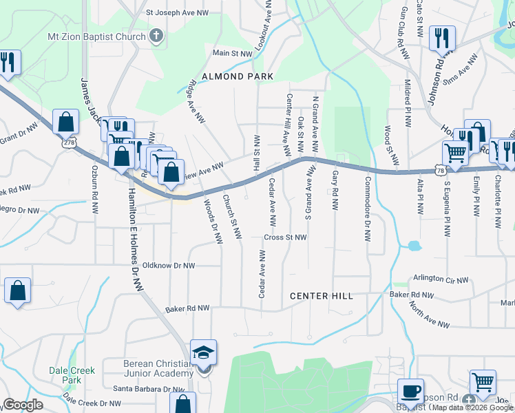 map of restaurants, bars, coffee shops, grocery stores, and more near 737 Prince Place Northwest in Atlanta