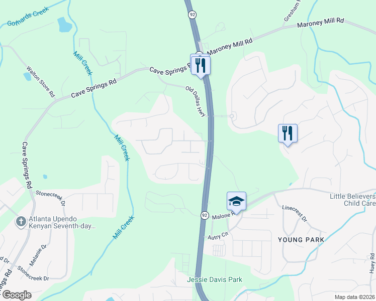 map of restaurants, bars, coffee shops, grocery stores, and more near 1123 Busby Way in Douglasville