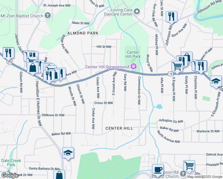map of restaurants, bars, coffee shops, grocery stores, and more near 724 South Grand Avenue Northwest in Atlanta