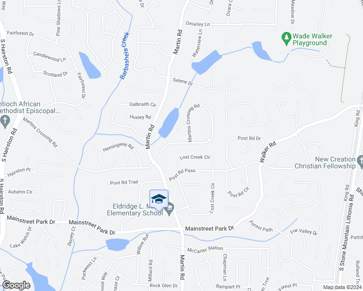 map of restaurants, bars, coffee shops, grocery stores, and more near 5225 Martins Crossing Road in Stone Mountain
