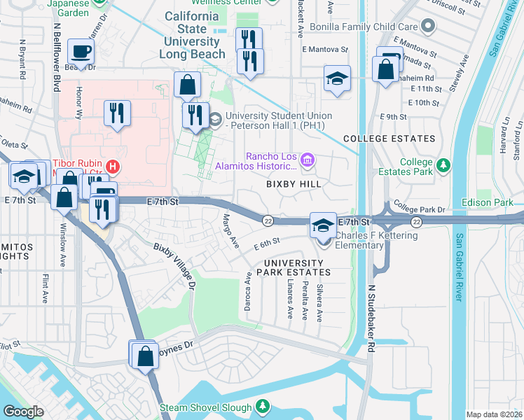 map of restaurants, bars, coffee shops, grocery stores, and more near 6368 Riviera Circle in Long Beach