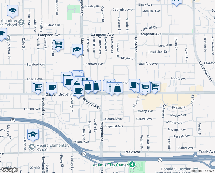 map of restaurants, bars, coffee shops, grocery stores, and more near 12922 Shackelford Lane in Garden Grove