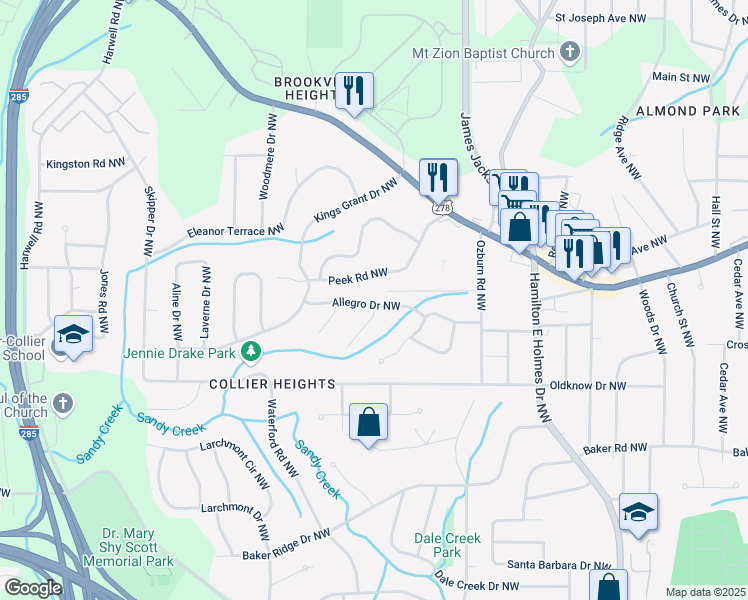 map of restaurants, bars, coffee shops, grocery stores, and more near 2839 Allegro Drive Northwest in Atlanta