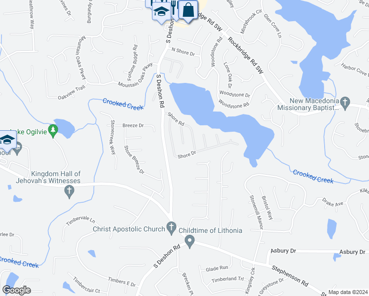 map of restaurants, bars, coffee shops, grocery stores, and more near 716 Shore Lane in Lithonia