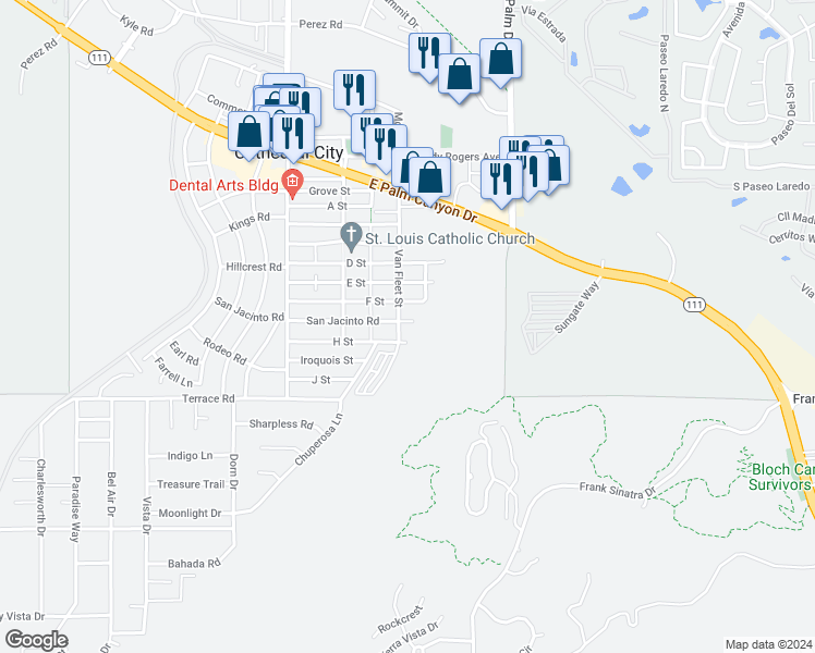 map of restaurants, bars, coffee shops, grocery stores, and more near 37700 Van Fleet Street in Cathedral City
