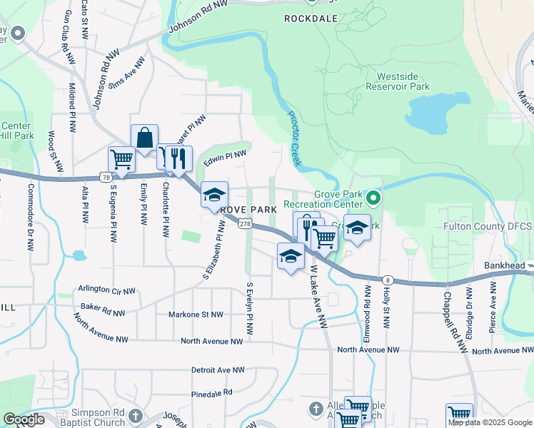 map of restaurants, bars, coffee shops, grocery stores, and more near 6 Gertrude Place Northwest in Atlanta