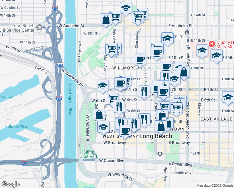 map of restaurants, bars, coffee shops, grocery stores, and more near 628 Daisy Avenue in Long Beach