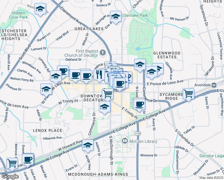 map of restaurants, bars, coffee shops, grocery stores, and more near in Decatur