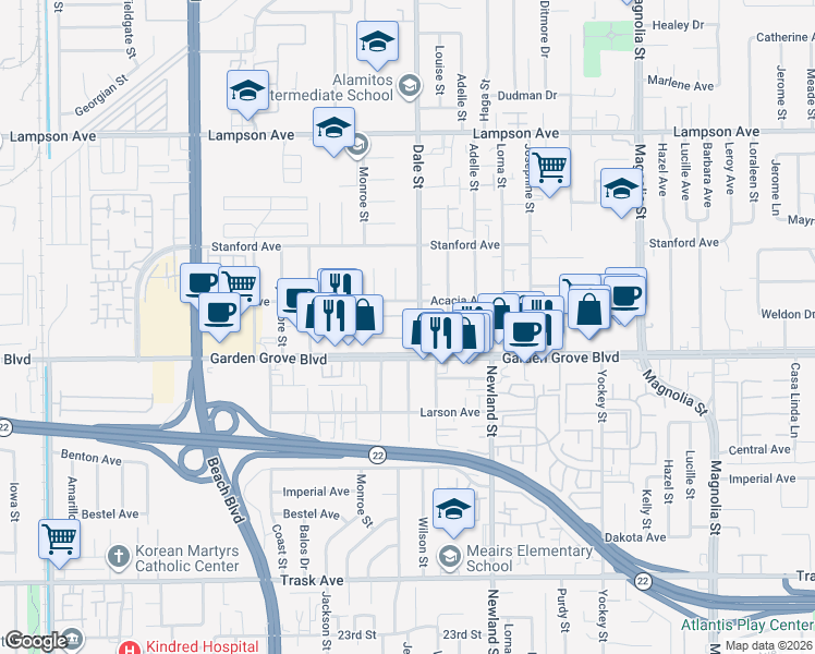 map of restaurants, bars, coffee shops, grocery stores, and more near 12901 Dale Street in Garden Grove