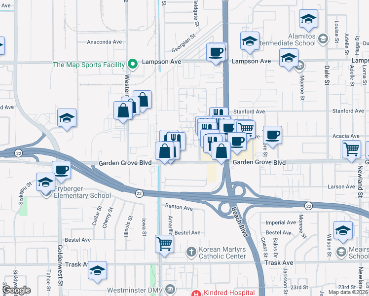 map of restaurants, bars, coffee shops, grocery stores, and more near 12746 Rosebrook Way in Stanton
