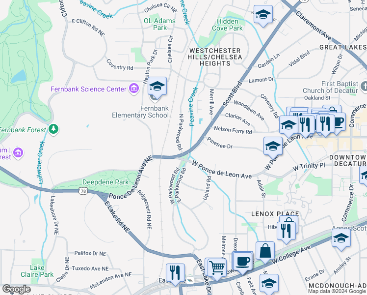 map of restaurants, bars, coffee shops, grocery stores, and more near 687 North Parkwood Road in Decatur