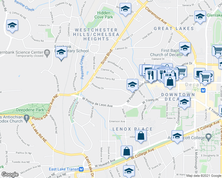 map of restaurants, bars, coffee shops, grocery stores, and more near Pinetree Drive in Decatur