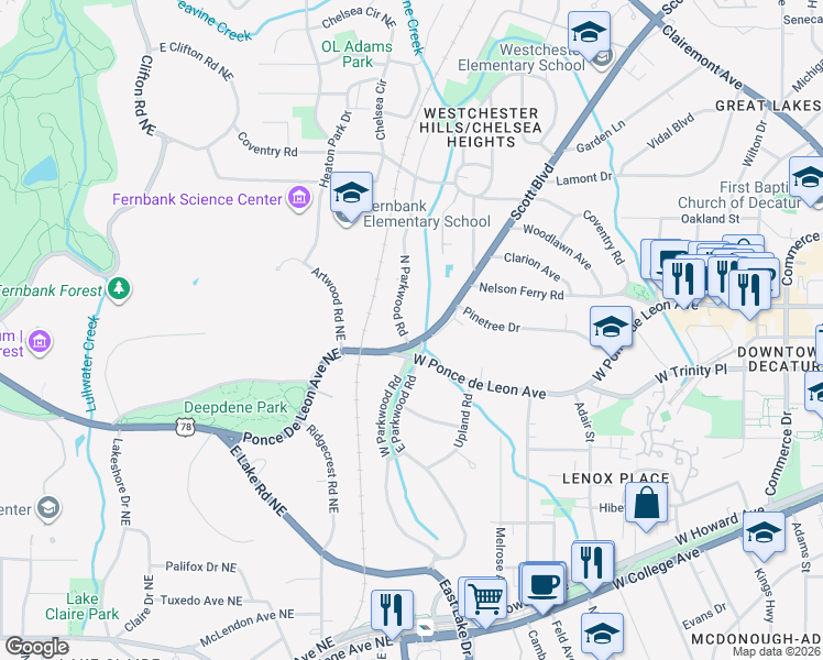map of restaurants, bars, coffee shops, grocery stores, and more near 661 North Parkwood Road in Decatur
