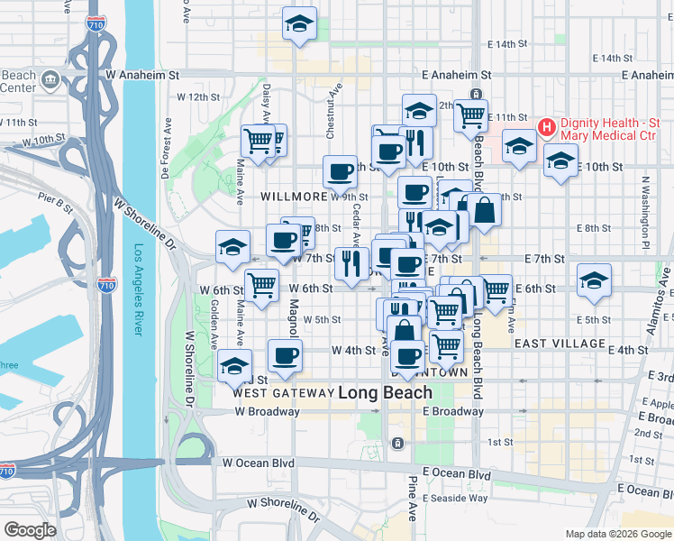 map of restaurants, bars, coffee shops, grocery stores, and more near 626 Chestnut Avenue in Long Beach