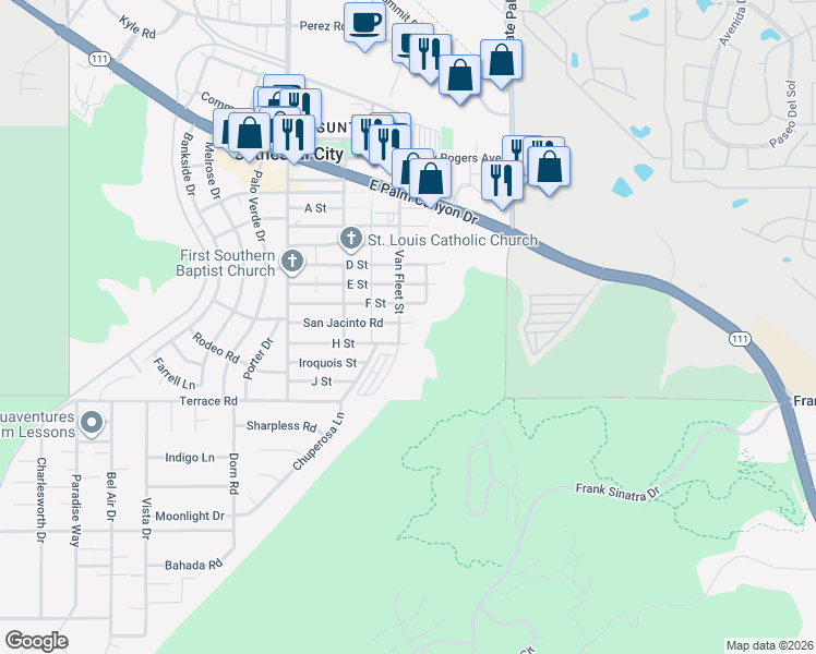 map of restaurants, bars, coffee shops, grocery stores, and more near 37700 Van Fleet Street in Cathedral City