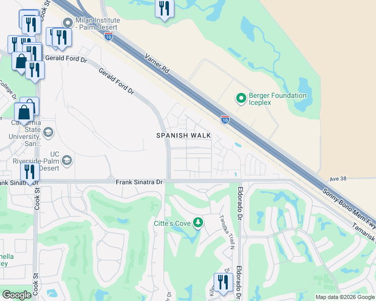 map of restaurants, bars, coffee shops, grocery stores, and more near 451 Paseo Del Corazon in Palm Desert