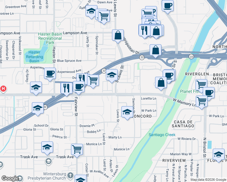 map of restaurants, bars, coffee shops, grocery stores, and more near 12954 Dahlia Street in Garden Grove