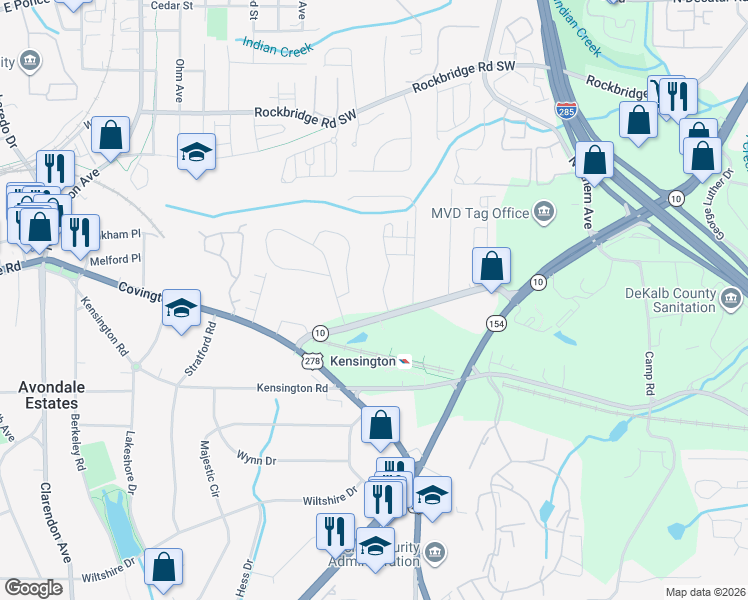 map of restaurants, bars, coffee shops, grocery stores, and more near 3360 Mountain Drive in Decatur