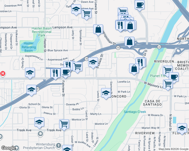 map of restaurants, bars, coffee shops, grocery stores, and more near 12954 Dahlia Street in Garden Grove