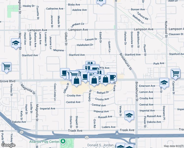map of restaurants, bars, coffee shops, grocery stores, and more near Galway Street in Garden Grove