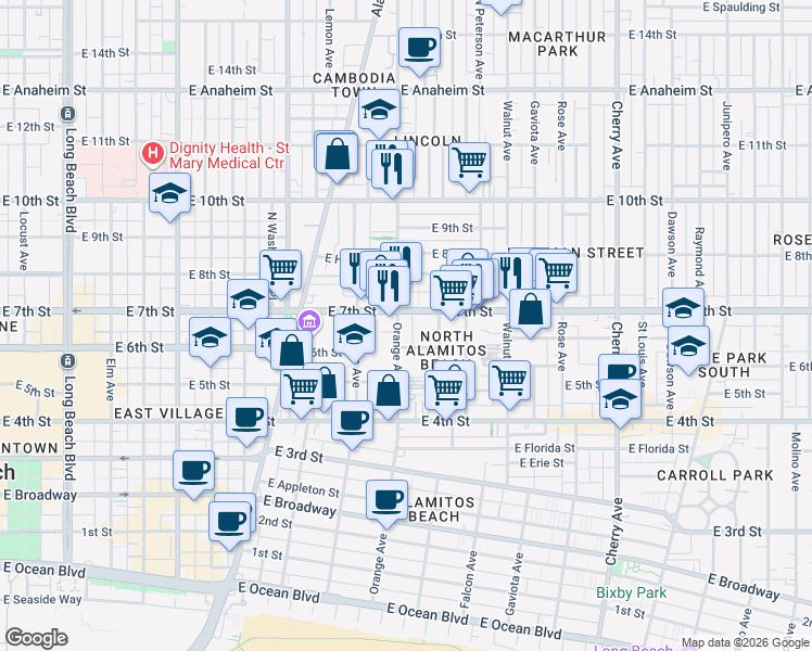 map of restaurants, bars, coffee shops, grocery stores, and more near 698 Orange Avenue in Long Beach