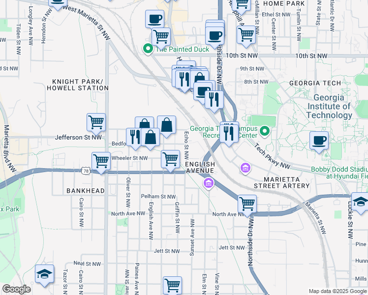 map of restaurants, bars, coffee shops, grocery stores, and more near 750 Echo Street Northwest in Atlanta