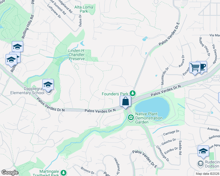map of restaurants, bars, coffee shops, grocery stores, and more near 3 Sorrel Lane in Rolling Hills Estates