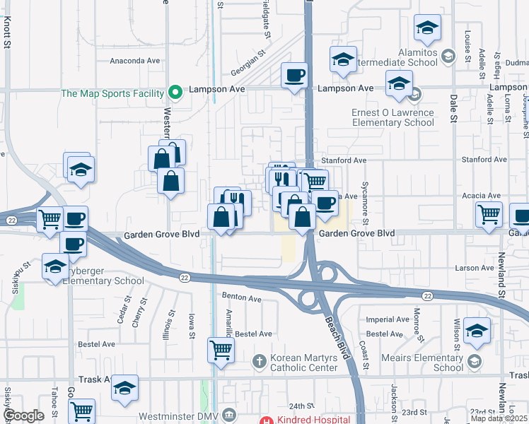 map of restaurants, bars, coffee shops, grocery stores, and more near 7728 Eastbrook Way in Stanton