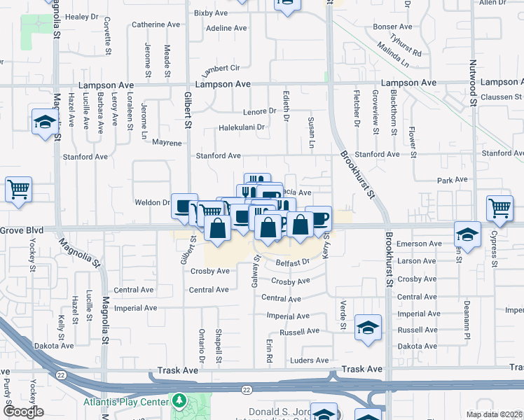 map of restaurants, bars, coffee shops, grocery stores, and more near 12942 Galway Street in Garden Grove