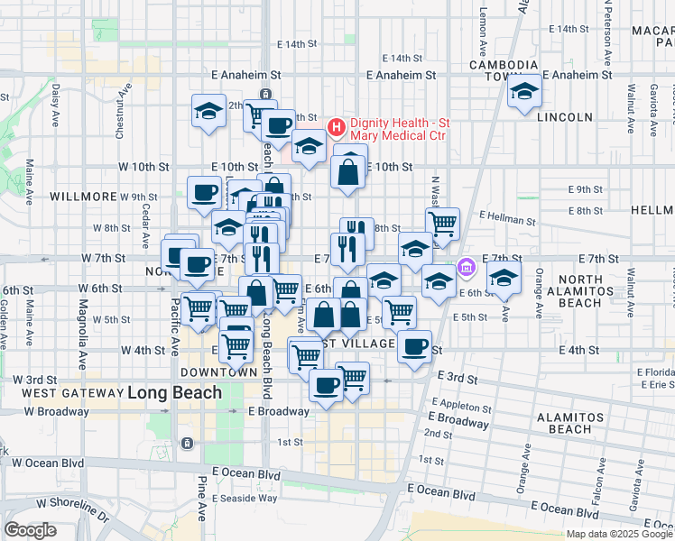 map of restaurants, bars, coffee shops, grocery stores, and more near 701 Linden Avenue in Long Beach
