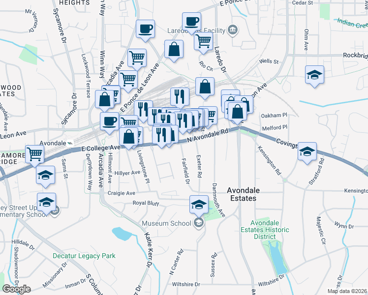map of restaurants, bars, coffee shops, grocery stores, and more near 5 South Avondale Road in Avondale Estates