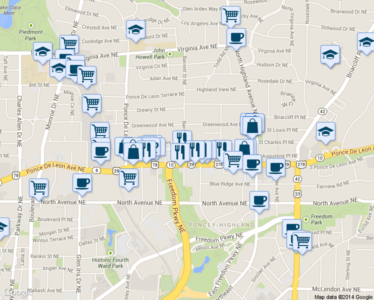 map of restaurants, bars, coffee shops, grocery stores, and more near 747 Barnett Street Northeast in Atlanta