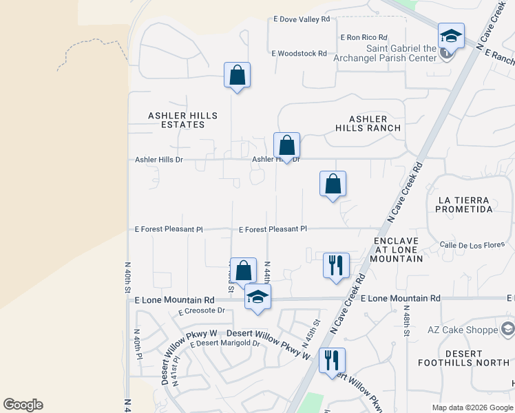 map of restaurants, bars, coffee shops, grocery stores, and more near 31910 North 44th Place in Cave Creek