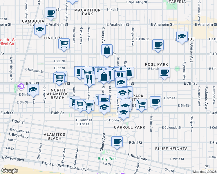 map of restaurants, bars, coffee shops, grocery stores, and more near 625 Saint Louis Avenue in Long Beach