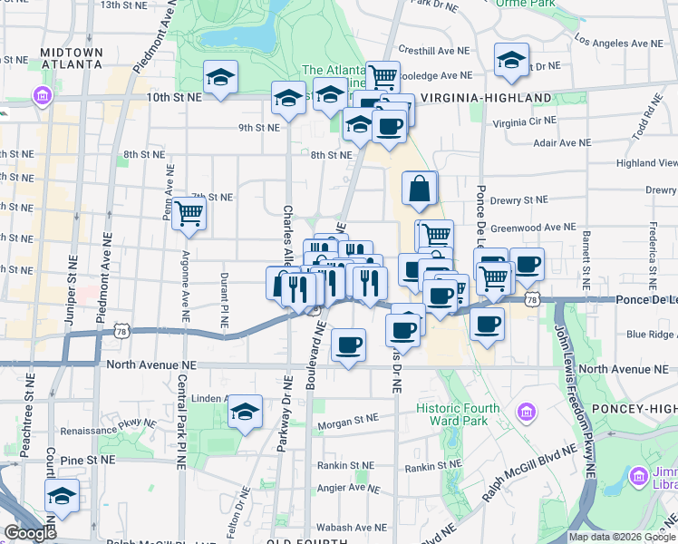 map of restaurants, bars, coffee shops, grocery stores, and more near 745 Monroe Drive Northeast in Atlanta