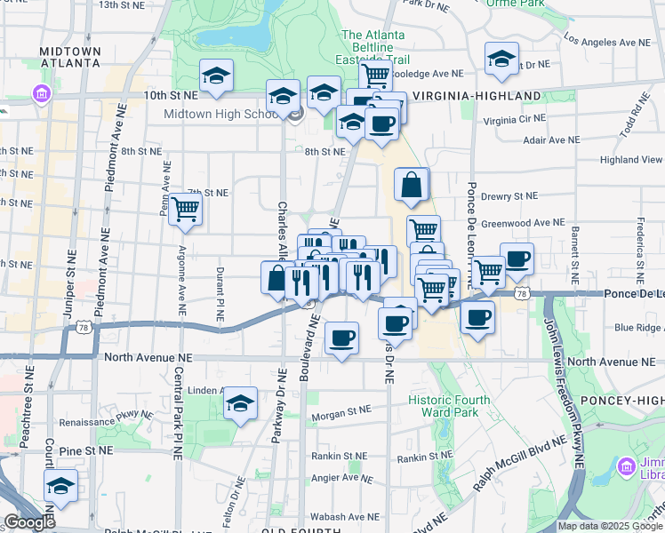 map of restaurants, bars, coffee shops, grocery stores, and more near 745 Monroe Drive Northeast in Atlanta