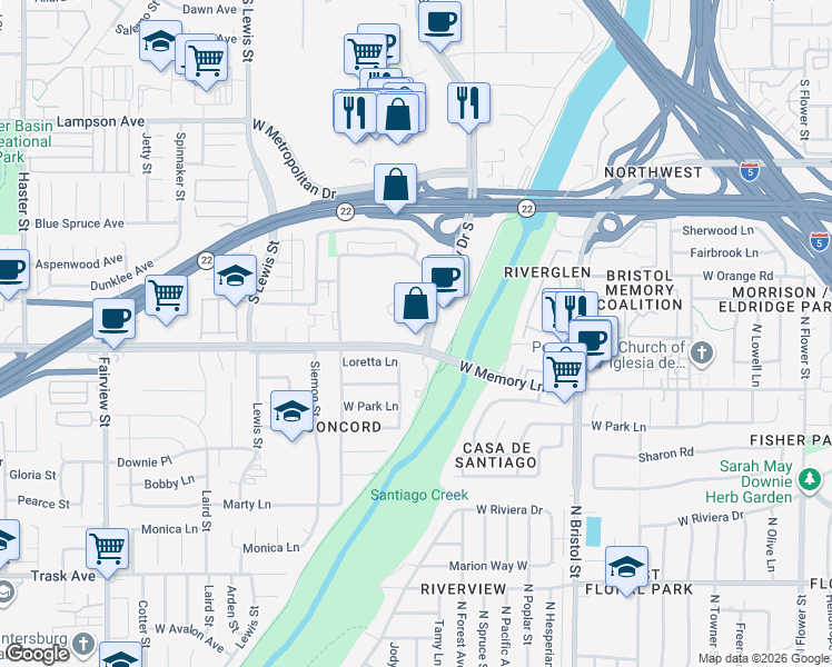 map of restaurants, bars, coffee shops, grocery stores, and more near in Orange