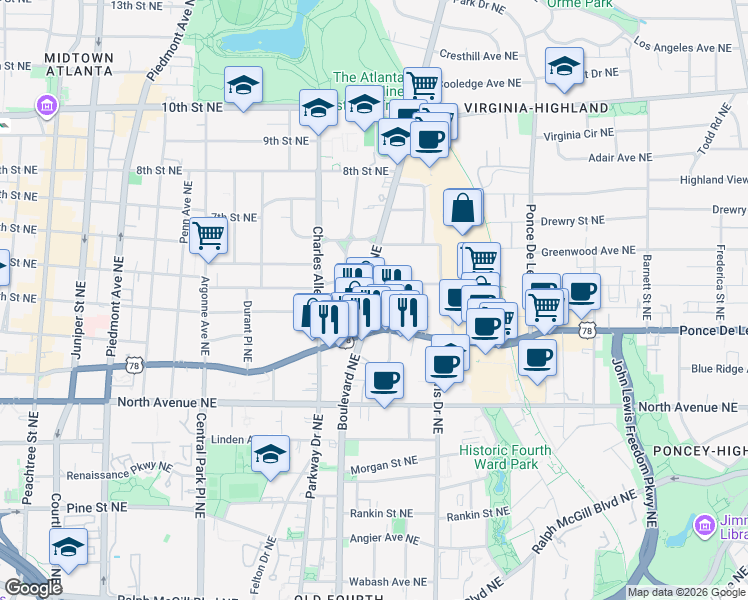 map of restaurants, bars, coffee shops, grocery stores, and more near 745 Monroe Drive Northeast in Atlanta